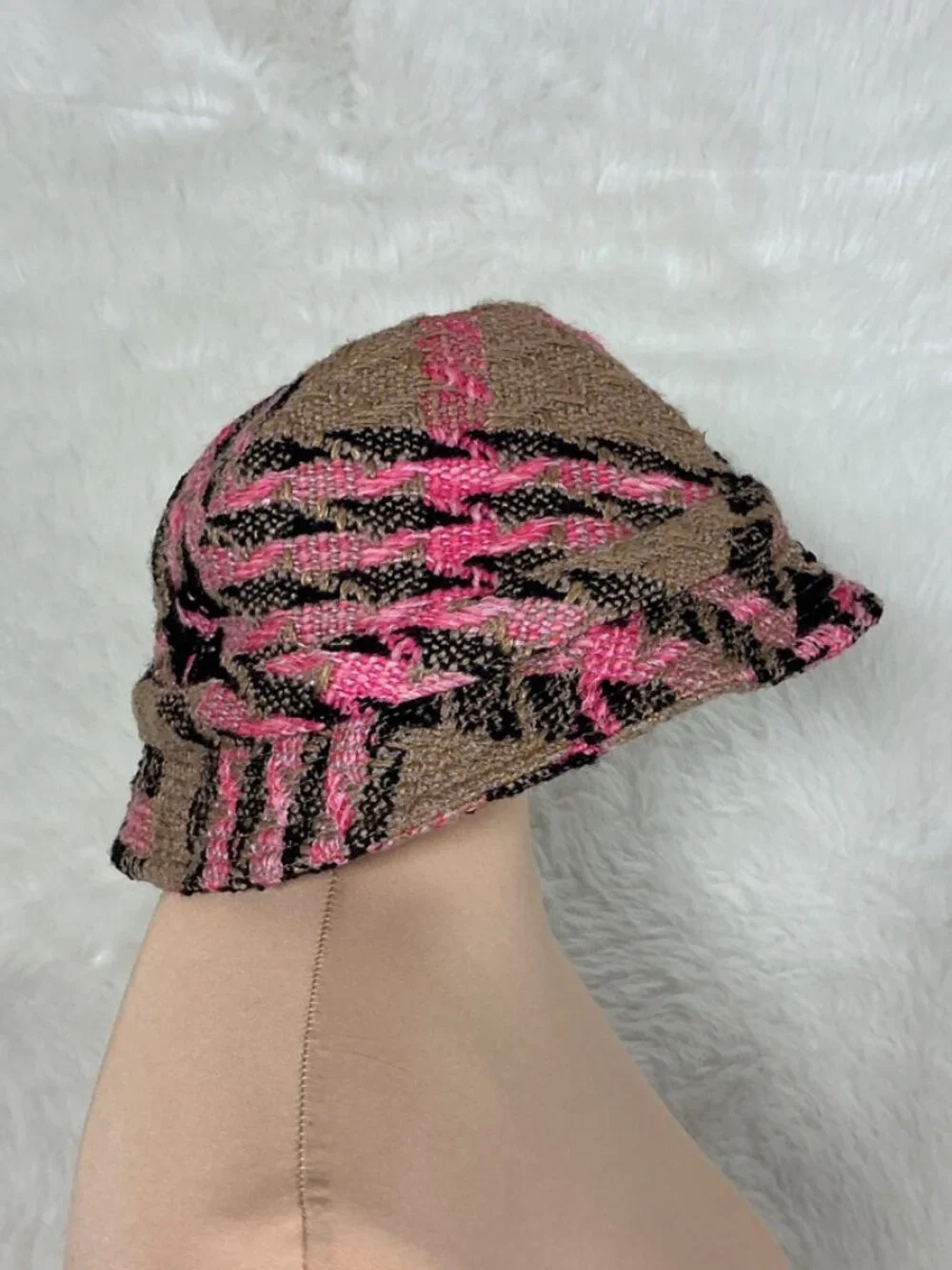Misa Harada Millinery Wool Blend Pink Brown Black Tweed Houndstooth Bucket Hat